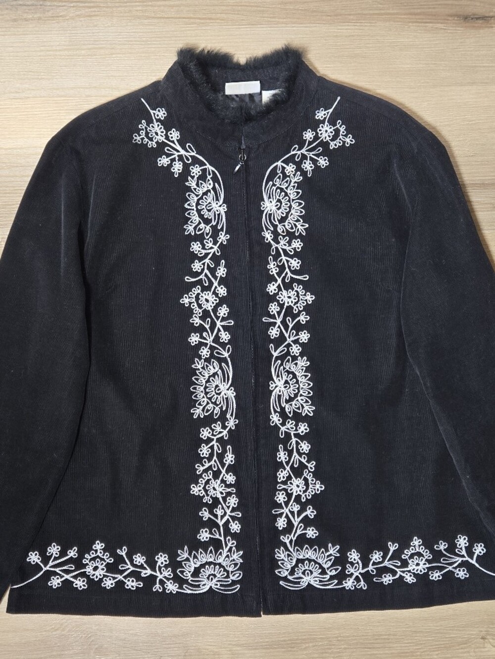 Vintage Black Corduroy Jacket with White Floral Embroidery